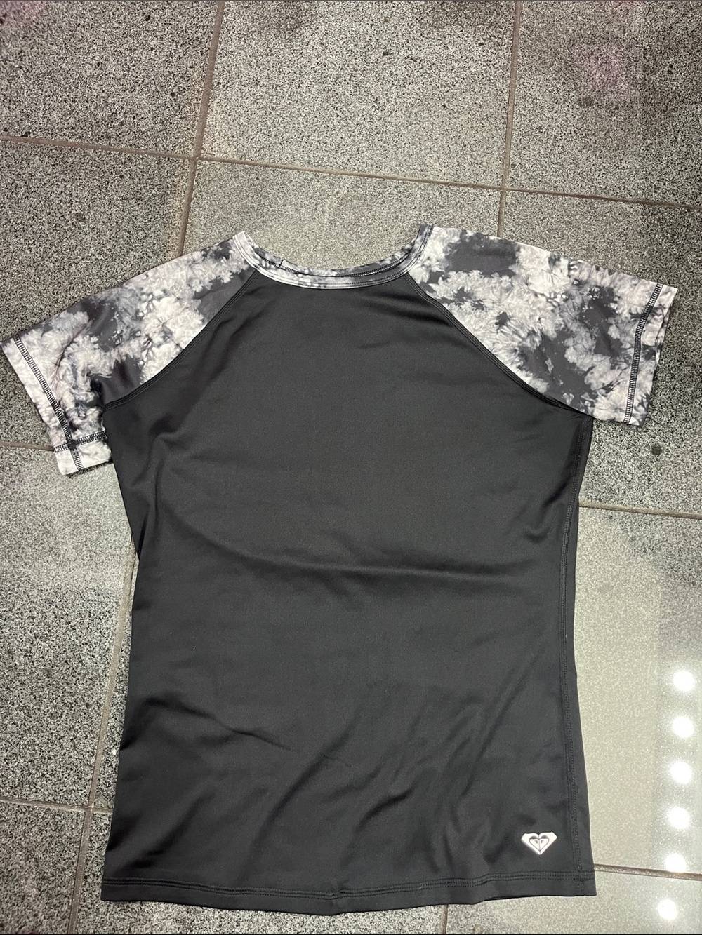 Roxy Black Tee with Gray & White Tie-Dye Raglan Sleeves